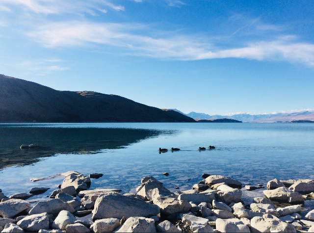 A view of a lake in New Zealand, with water reflecting the sky.