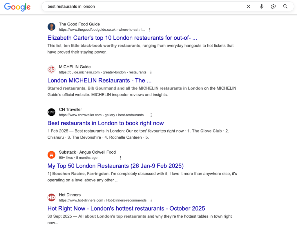 A Google search results page displaying various links related to the best restaurants in London, including reviews and guides.
