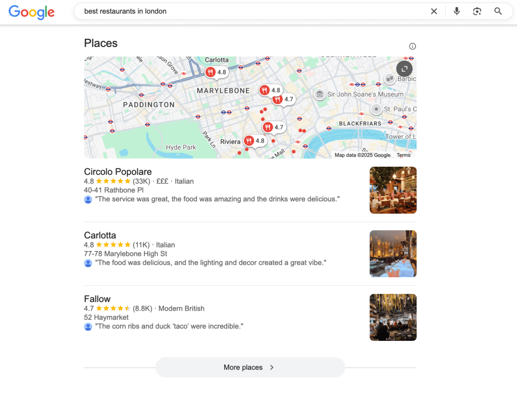 Screenshot of Google search results for 'best restaurants in London,' showing a map and listings for various restaurants with ratings and reviews.